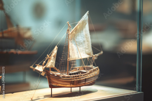 A meticulously crafted model sailing ship is displayed under soft lighting in a museum exhibit, emphasizing its intricate design and nautical history.