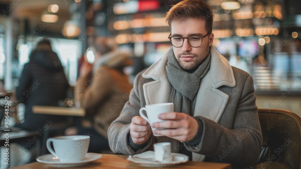 A young man sits at a table in a cozy coffee shop, sipping a hot drink while wearing a warm scarf and gray coat, surrounded by a bustling atmosphere during a winter afternoon A young man sits at a table in a cozy coffee shop, sipping a hot drink while wearing a warm scarf and gray coat, surrounded by a bustling atmosphere during a winter afternoon