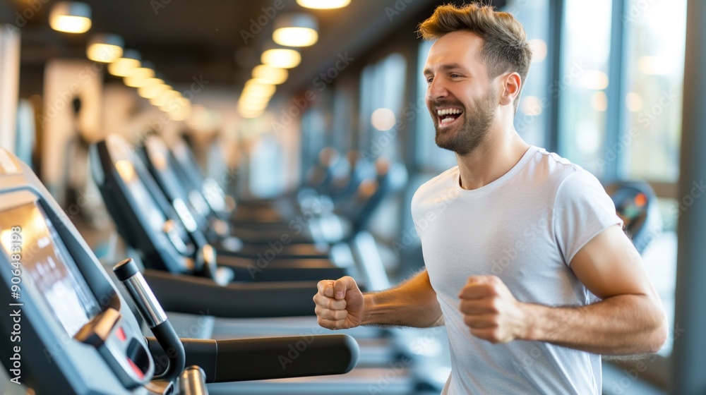 A man with a joyful expression runs on a treadmill in a lively gym, surrounded by bright lights and exercise equipment during a morning workout A man with a joyful expression runs on a treadmill in a lively gym, surrounded by bright lights and exercise equipment during a morning workout
