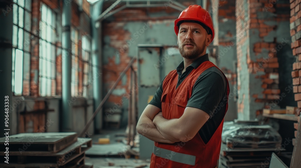 A construction worker stands confidently with arms crossed in a dilapidated building, showcasing his red hard hat and reflective vest amidst weathered walls A construction worker stands confidently with arms crossed in a dilapidated building, showcasing his red hard hat and reflective vest amidst weathered walls