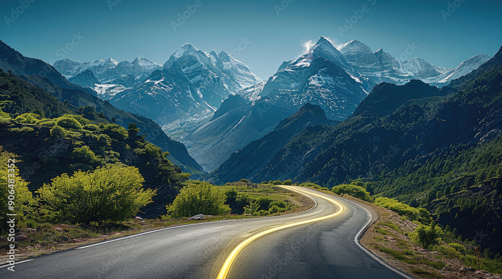 Naklejka premium Winding mountain road stretching into the distance, towering snow-capped mountains in the background, lush green trees lining the road, vibrant colors, serene and majestic atmosphere. Generative AI.