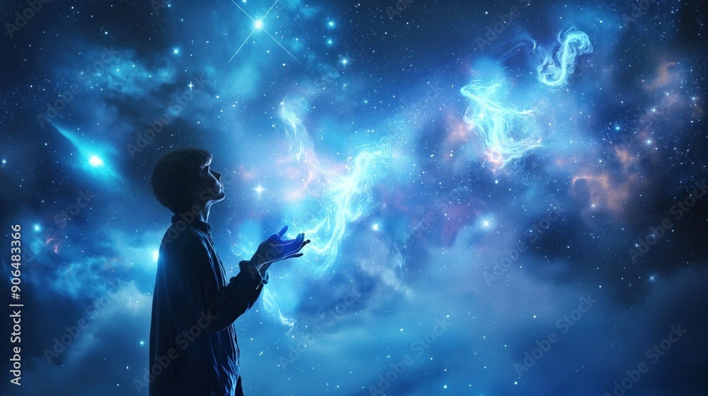 A young boy stands mesmerized, looking up at a stunning, starry sky filled with vibrant cosmic colors and swirling clouds of stardust