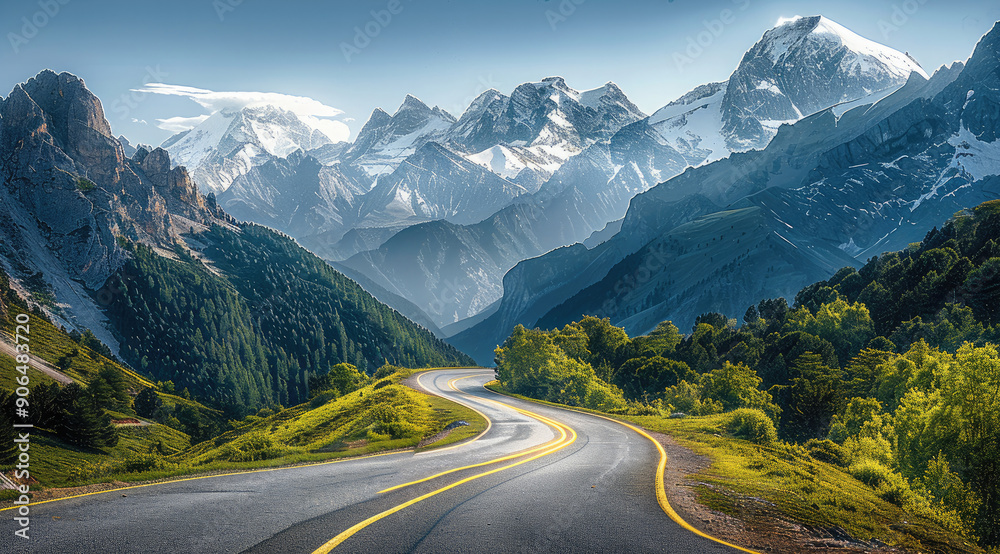 Naklejka premium Winding mountain road stretching into the distance, towering snow-capped mountains in the background, lush green trees lining the road, vibrant colors, serene and majestic atmosphere. Generative AI.