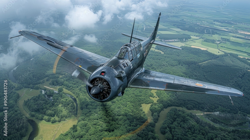 Naklejka premium Vintage military airplane flying over lush landscape