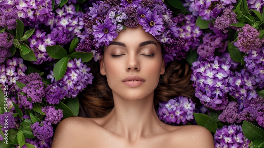 A woman with eyes closed rests peacefully among vibrant purple flowers, showcasing tranquility and beauty in a serene natural environment A woman with eyes closed rests peacefully among vibrant purple flowers, showcasing tranquility and beauty in a serene natural environment