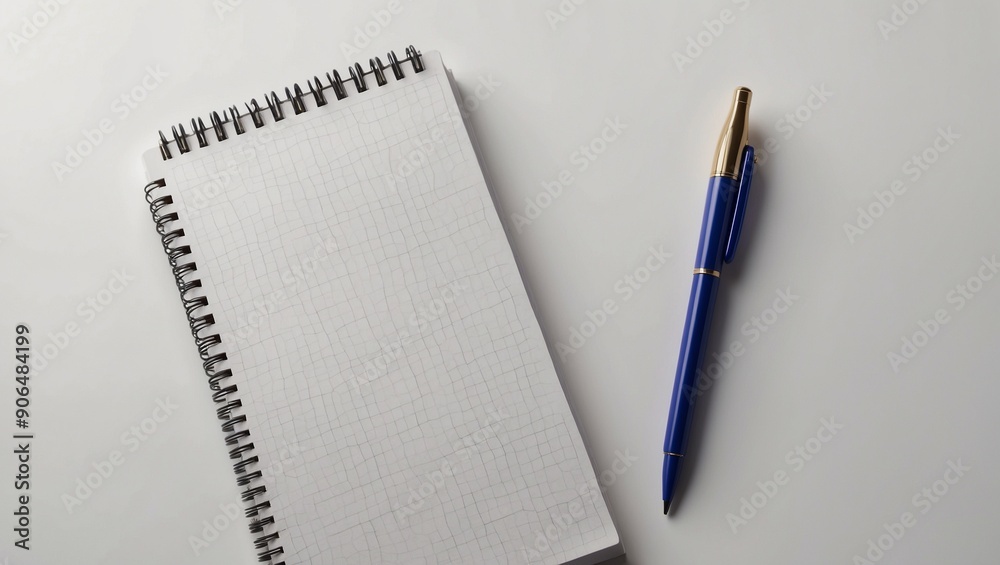 Open notebook with a blue pen placed on a white background. Open notebook with a blue pen placed on a white background.