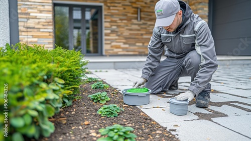 Team of pest control experts setting traps and bait stations around a building to catch and eliminate rodents and insects photo