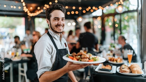 A young server joyfully presents a plate of delicious food to guests at a bustling outdoor restaurant during the evening