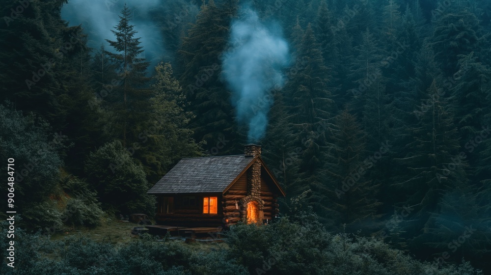 A small, wooden cabin with a warm glow emanating from the windows sits in a dense forest. Smoke rises from the chimney into the twilight sky, suggesting a fire is burning inside A small, wooden cabin with a warm glow emanating from the windows sits in a dense forest. Smoke rises from the chimney into the twilight sky, suggesting a fire is burning inside