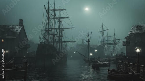 Wallpaper Mural Tall ships rest at the docks of a shadowy harbor, their masts reaching towards a pale moon hidden in the fog. Lanterns illuminate the water's edge, casting eerie light across the scene Torontodigital.ca