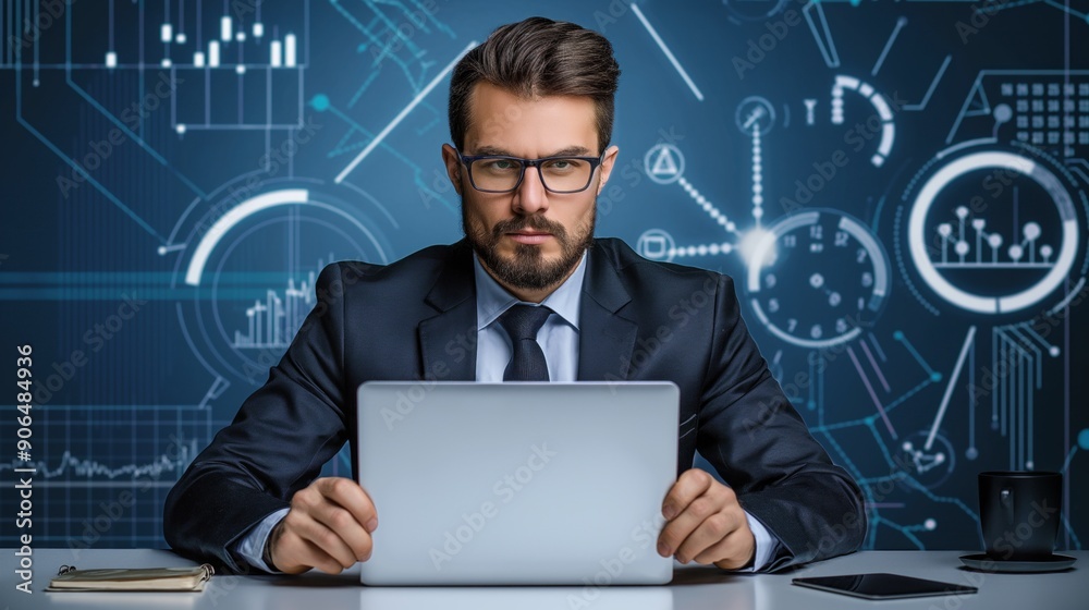 A focused man in a suit examines data trends displayed on his laptop, surrounded by digital graphs and charts in a contemporary office environment at night A focused man in a suit examines data trends displayed on his laptop, surrounded by digital graphs and charts in a contemporary office environment at night