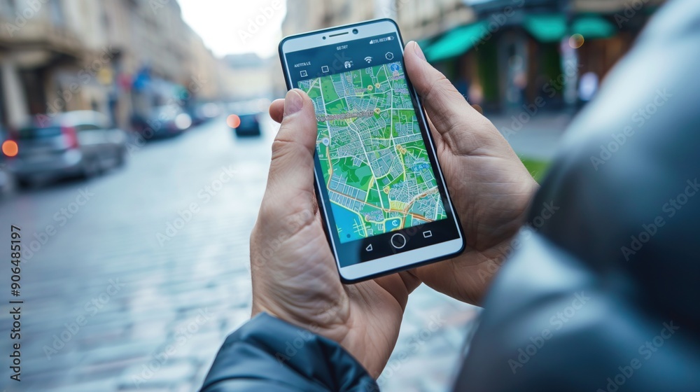 A person looks intently at a smartphone displaying a detailed map while walking along a cobblestone street in an urban area during daylight A person looks intently at a smartphone displaying a detailed map while walking along a cobblestone street in an urban area during daylight