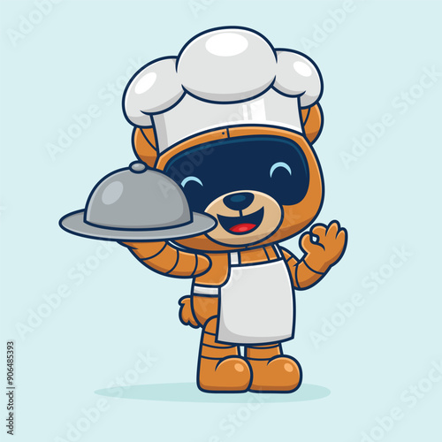 Cartoon cute bear robot in chef costume with dish, vector icon illustration