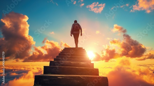A lone traveler ascends stairs towards a vibrant sunset, surrounded by colorful clouds, creating a serene moment filled with contemplation and hope