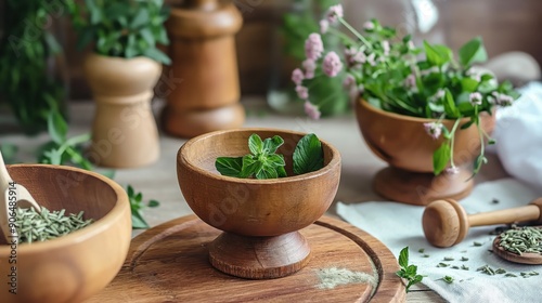 Fresh herbs are neatly placed in wooden bowls on a rustic kitchen table, surrounded by additional bowls and utensils, creating a cozy cooking atmosphere © angel_nt