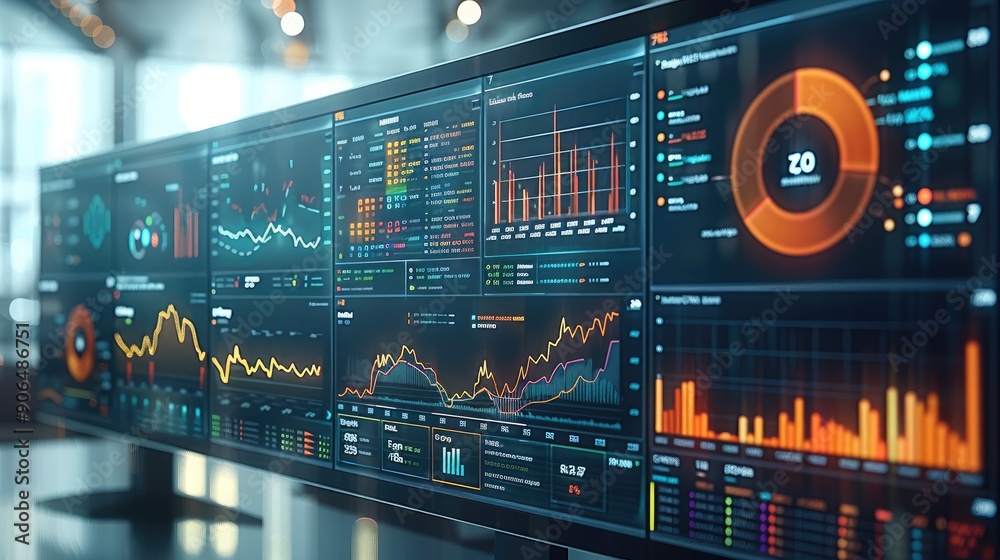 Financial analytics dashboard, data visualization charts, flat design illustration. Generative AI. Financial analytics dashboard, data visualization charts, flat design illustration. Generative AI.