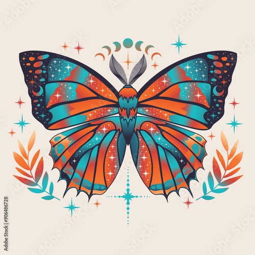 Colorful mystic butterfly vector illustration. Magic moon, occult, print, poster.