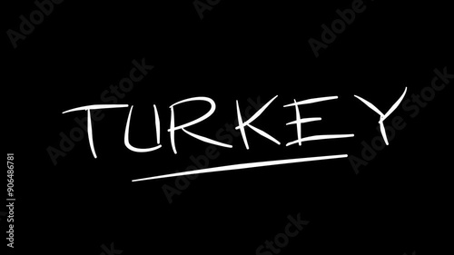 Animated self-drawing Turkey text in line art, with lines forming the flag outline against a black background alpha channel mode overlay, this animation represents national pride and identity. photo