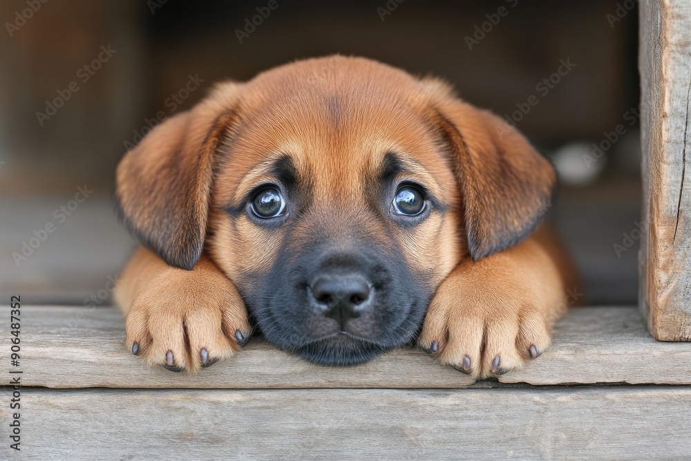 A cute puppy rests its head on a wooden surface, showcasing big, soulful eyes that capture the essence of playfulness and innocence.