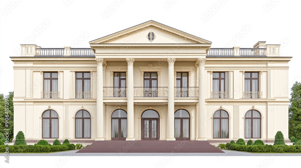 Fototapeta premium A luxurious mansion with classical architecture, featuring columns, large windows, and a grand entrance, surrounded by a landscaped garden.