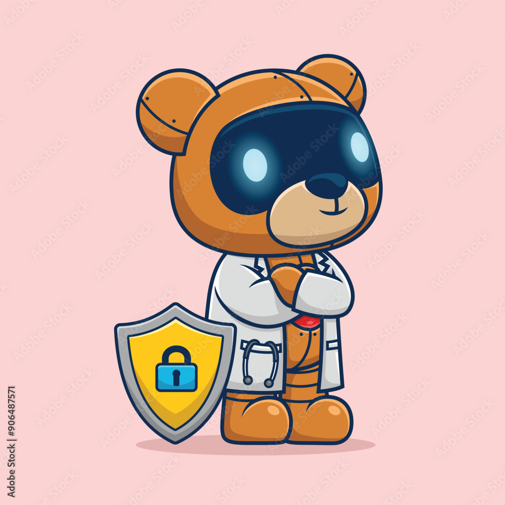 Obraz premium Cartoon cute bear robot in doctor costume with shield