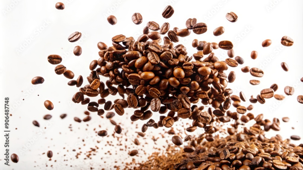 Naklejka premium Coffee Beans in Mid-Air with Ground Coffee Below