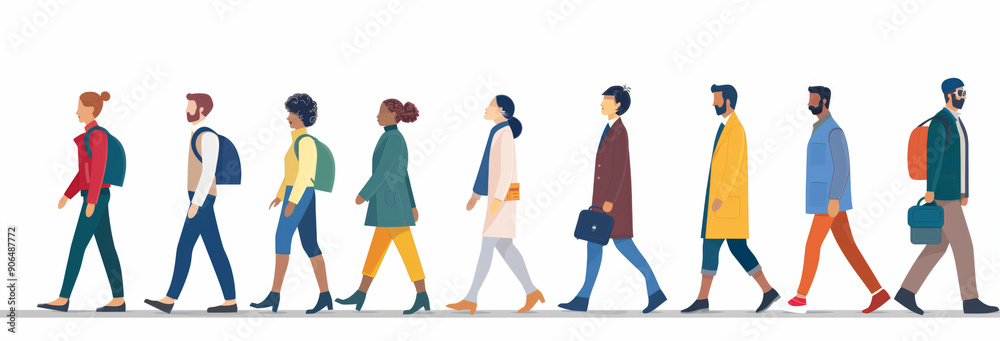 Long line of different profile people walking Long line of different profile people walking
