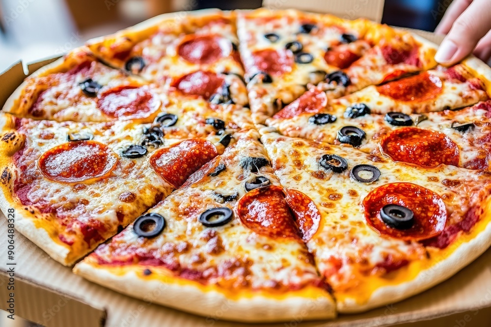 Pepperoni pizza with olives being unboxed at home
Pepperoni pizza with olives being unboxed at home