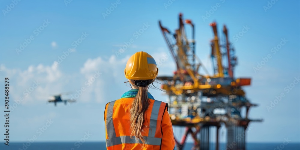 Female Worker in Safety Gear Inspecting Equipment at an Oil Refinery.Generated image Female Worker in Safety Gear Inspecting Equipment at an Oil Refinery.Generated image