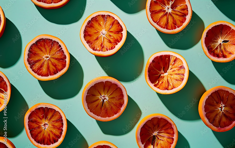 Sliced blood oranges arranged on turquoise background Sliced blood oranges arranged on turquoise background