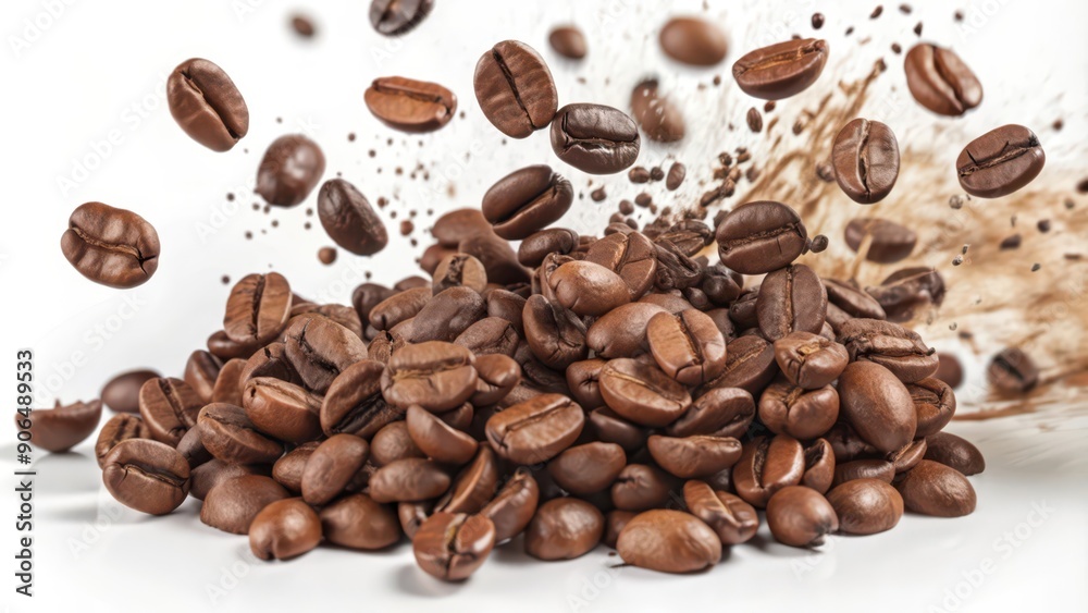 Obraz premium Coffee Beans Splashing and Falling on a White Background