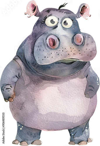 A cartoonish drawing of a hippo with a big smile on its face. The hippo is standing with its legs apart and looking at the camera photo