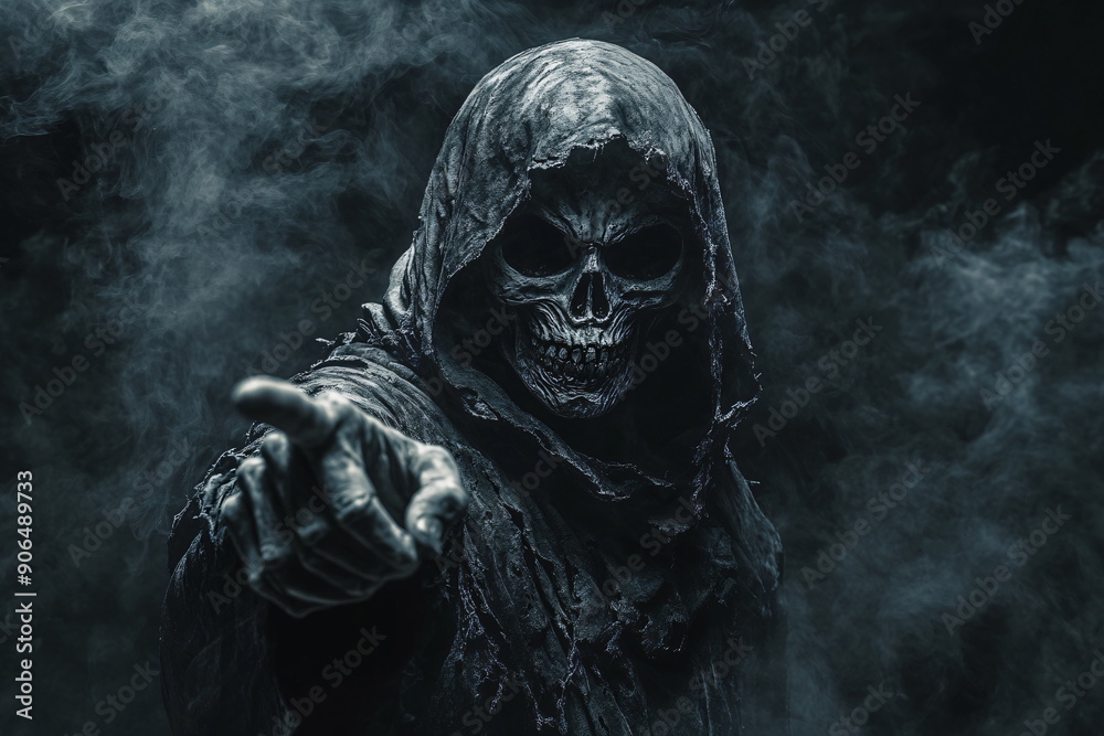hooded figure with a skeleton face pointing frontally with the finger in a misty spooky atmosphere hooded figure with a skeleton face pointing frontally with the finger in a misty spooky atmosphere