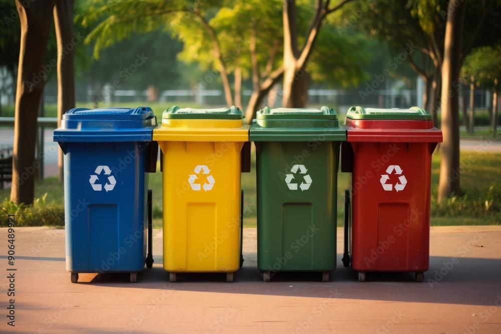 Four colorful recycling bins in a park with trees in the background. Concept of recycling, sustainability, waste management, environmental care. Eco-friendly bins for waste sorting Four colorful recycling bins in a park with trees in the background. Concept of recycling, sustainability, waste management, environmental care. Eco-friendly bins for waste sorting
