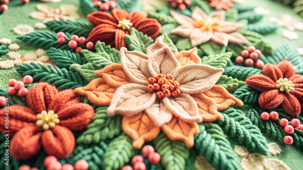 Fototapeta premium A vibrant crocheted picture featuring a lush 3D composition of poinsettias, holly and mistletoe in rich reds, greens and golds. Each flower and leaf is meticulously detailed.