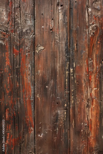 Weathered wooden planks with red paint.