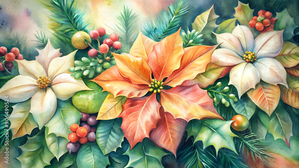 Vibrant hand-drawn watercolor painting featuring a lush 3D arrangement of poinsettia, holly and mistletoe in rich red, green and gold tones. Each flower and leaf is meticulously detailed. Vibrant hand-drawn watercolor painting featuring a lush 3D arrangement of poinsettia, holly and mistletoe in rich red, green and gold tones. Each flower and leaf is meticulously detailed.