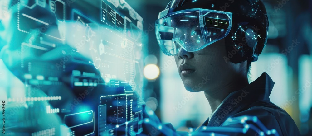 Obraz premium A Person Wearing a Futuristic Helmet and Goggles Uses a Digital Interface