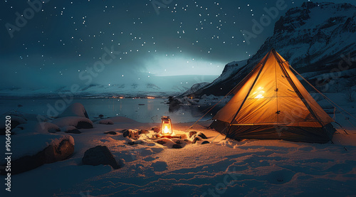 Fototapeta Naklejka Na Ścianę i Meble -  A camping tent, in a dark night snow beach, with campfire light from inside of it. A camping lantern hanging on the side wall. Generative AI.