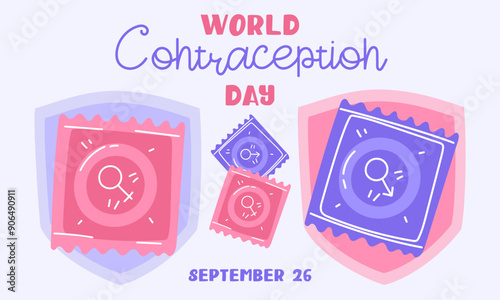 World Contraception Day, September 26. Contraceptives for safe sex male and female condom with shield. Methods of birth control. horizontal banner about sex education. Vector flat illustration