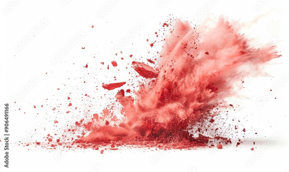 Red chalk pieces and dust flying, effect explode isolated on white background, Generative AI Red chalk pieces and dust flying, effect explode isolated on white background, Generative AI