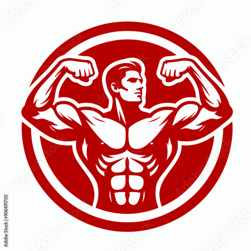 Muscular bodybuilder red vector silhouette illustration isolated on white background.	
