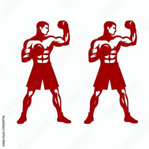 Muscular bodybuilder red vector silhouette illustration isolated on white background.	
