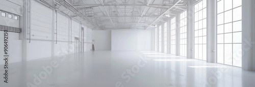 Empty white warehouse interior with clean, open space and a pristine white background, emphasizing the vast, uncluttered area