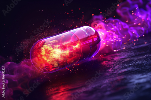 Red and purple pill capsules with liquid explosion around them on black background photo