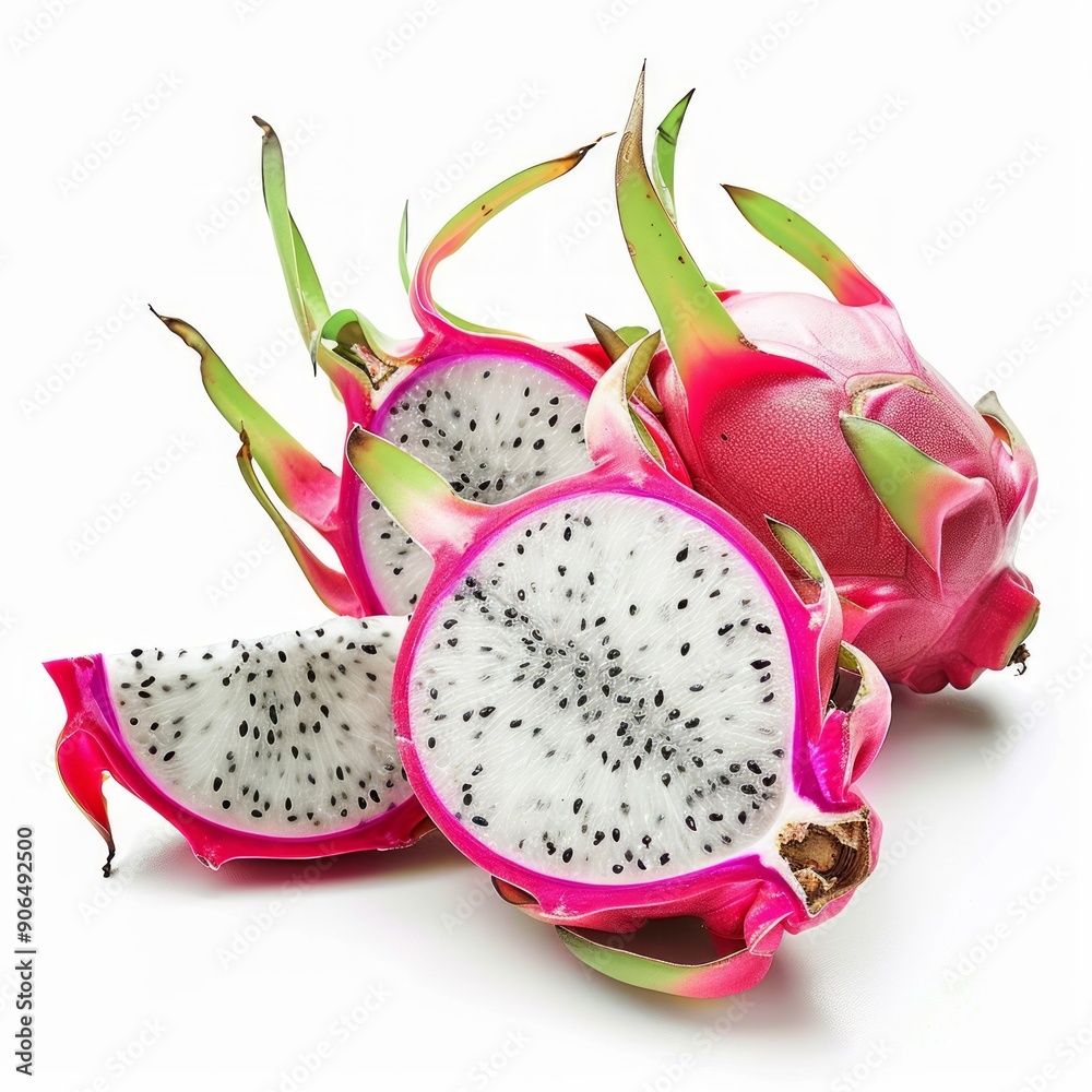 Medium shot of whole Dragon Fruit near the sliced piece of Dragon Fruit, isolated on a white Medium shot of whole Dragon Fruit near the sliced piece of Dragon Fruit, isolated on a white