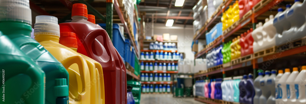 Fototapeta premium Industrial cleaning supplies in a warehouse showcasing various colorful detergent bottles