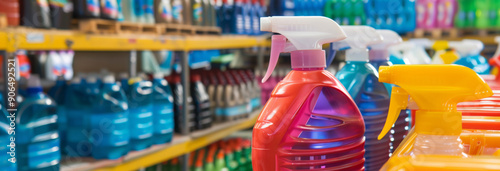 Wallpaper Mural Industrial cleaning supplies in a warehouse showcasing various colorful detergent bottles Torontodigital.ca