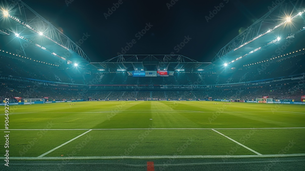 A football stadium at night, the stands have a lot of fans, the view is from the pitch. Generative AI. A football stadium at night, the stands have a lot of fans, the view is from the pitch. Generative AI.
