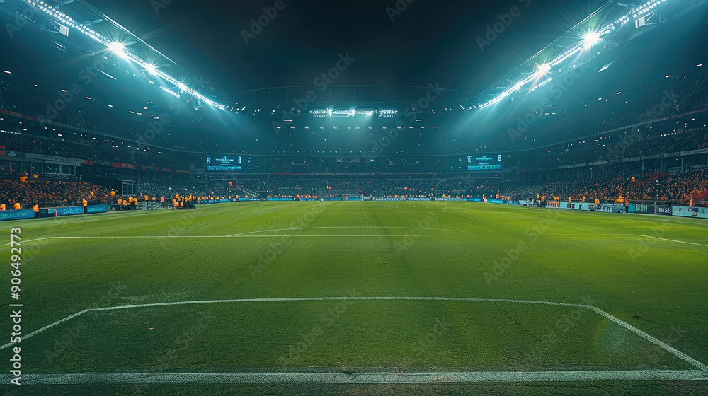 A football stadium at night, the stands have a lot of fans, the view is from the pitch. Generative AI. A football stadium at night, the stands have a lot of fans, the view is from the pitch. Generative AI.